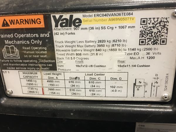 Yale ERC040VA data plate.