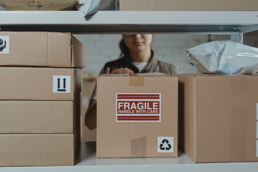 Photo of a box on a shelf marked fragile.