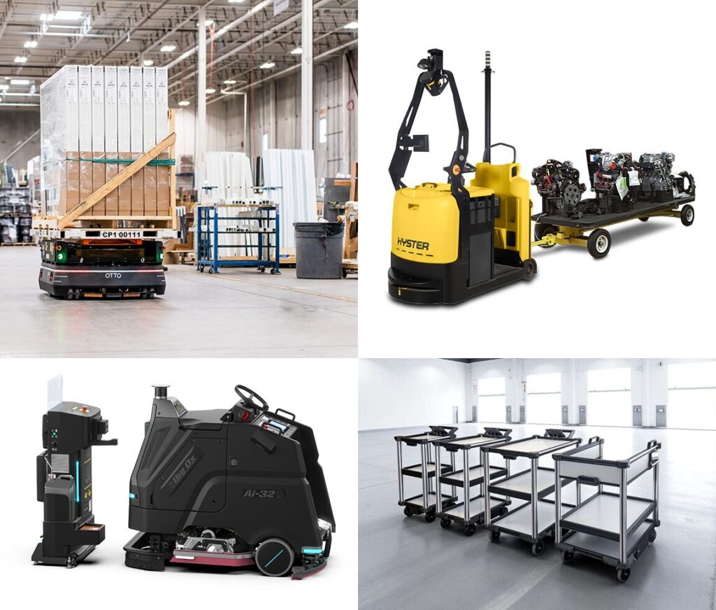 OTTO AMR, Hyster autonomous tow tractor, Big Ox autonomous floor scrubber, and Quasi autonomous carts