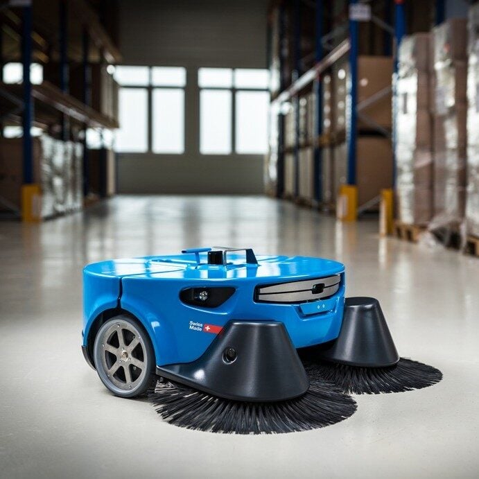 KEMARO K900 autonomous floor sweeper from Eastern Lift Truck Co., in warehouse aisle.